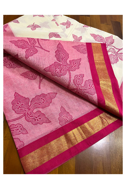 Pure Cotton Kerala Saree with Magenta Heavy Woven Leaf Designs and Kasavu Border (Vishu 2024 Collection)