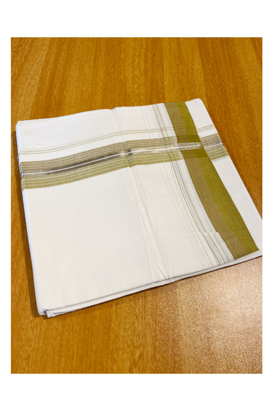 Pure White Cotton Double Mundu with Silver Kasavu And Olive Green Lines Border (South Indian Dhoti)