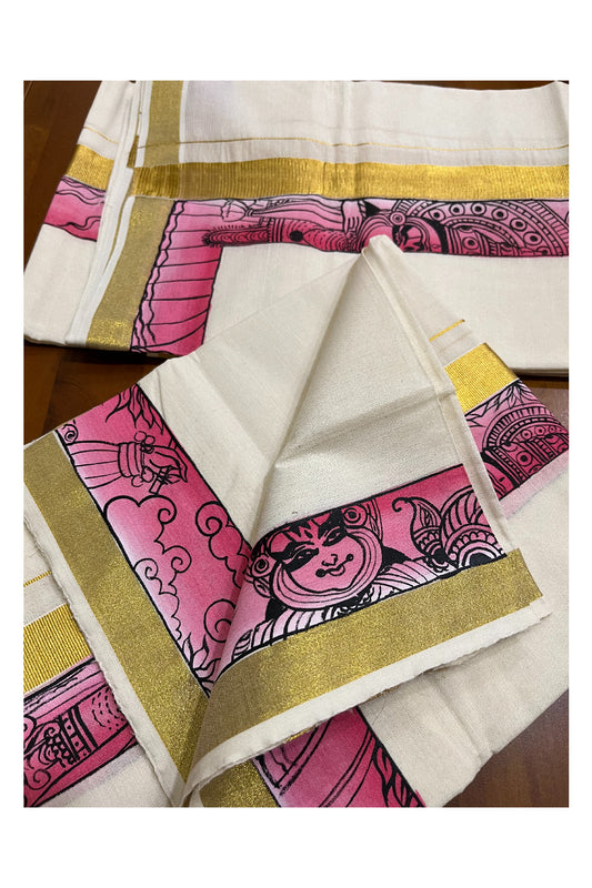 Southloom Handloom Premium Kerala Cotton Single Set Mundu (Mundum Neriyathum) with Hand Painted Designs with Kasavu Border - 2.80Mtrs