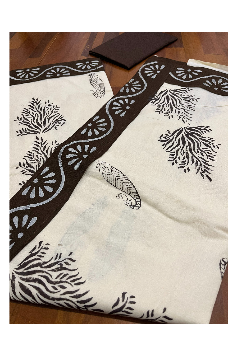 Pure Cotton Onam 2023 Kerala Saree with Hand Block Dark Brown Batik Prints