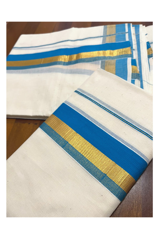 Pure Cotton Kerala Single Set Mundu (Mundum Neriyathum) with Blue and Kasavu Border 2.80 Mtrs