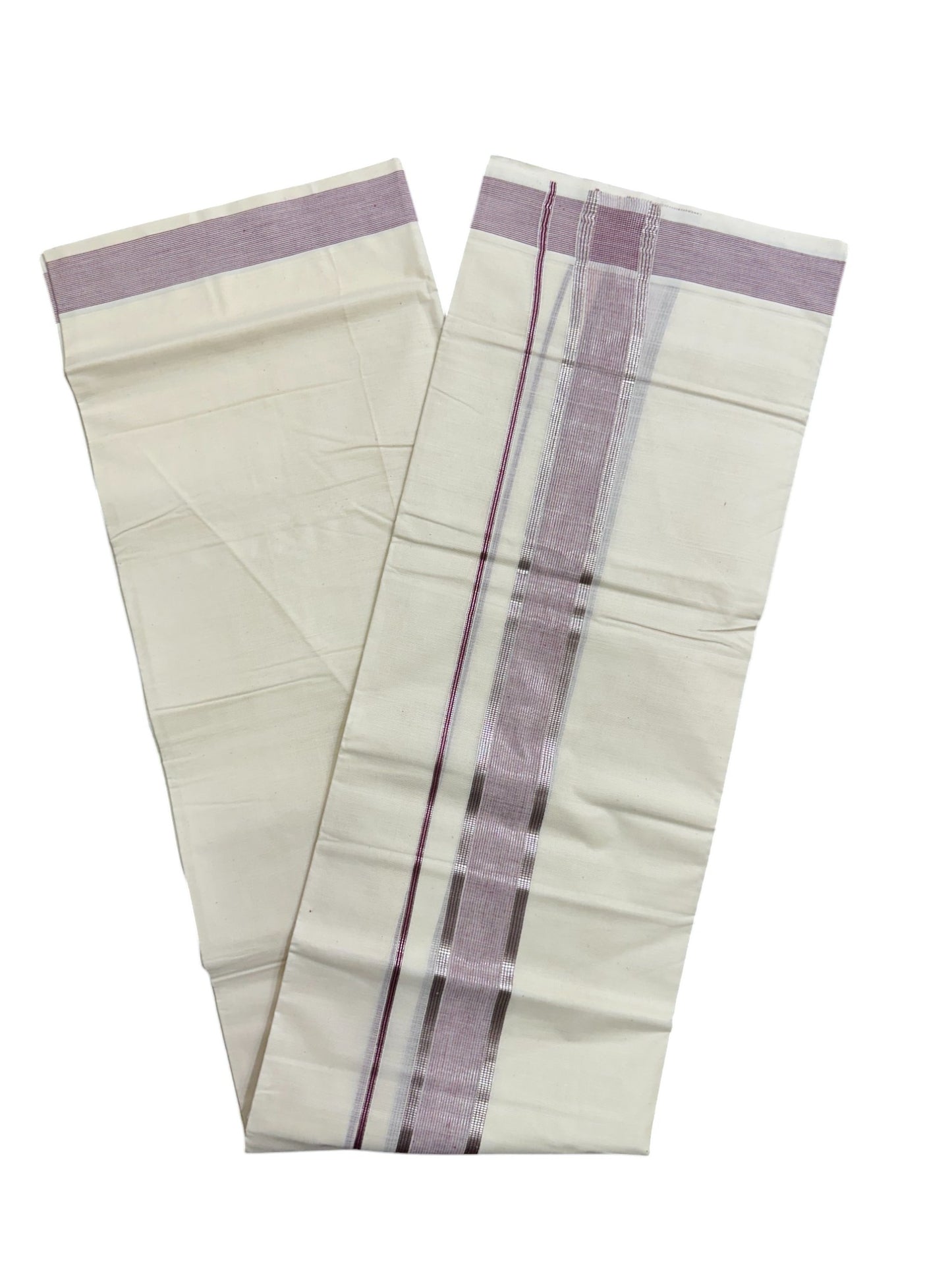 Pure Cotton Off White  Double Mundu with Silver Kasavu Lines And Purple Kara (South Indian Kerala Dhoti)