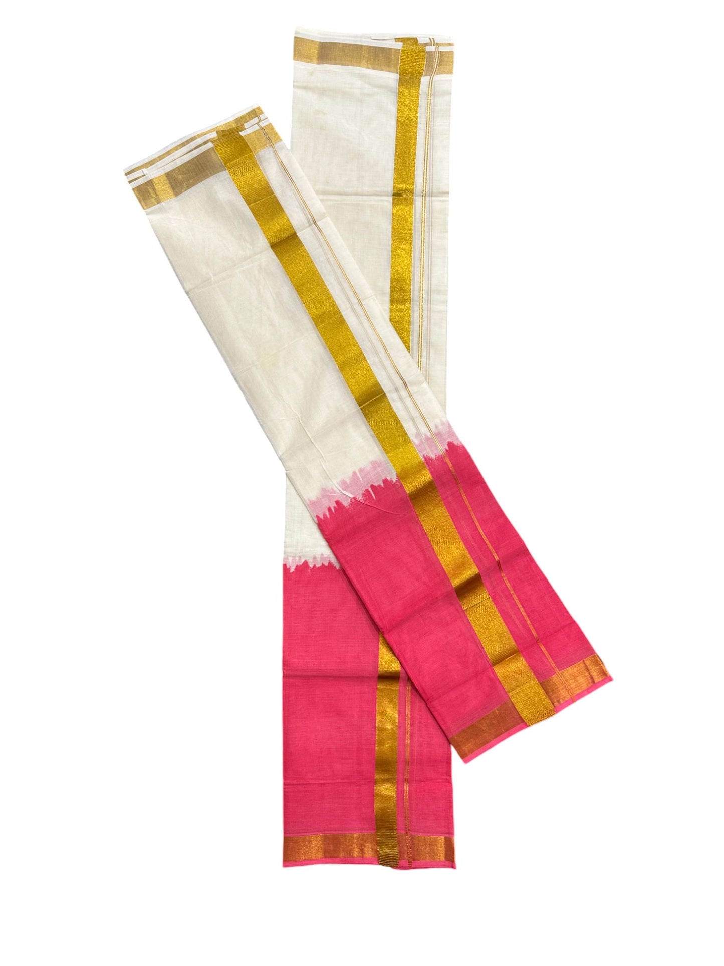 Southloom Tie & Dye - Half & Half  Multi Colour Pink Design Set Mundu (Mundum Neriyathum) in 2.80 m Neriyathu (Extra Length)