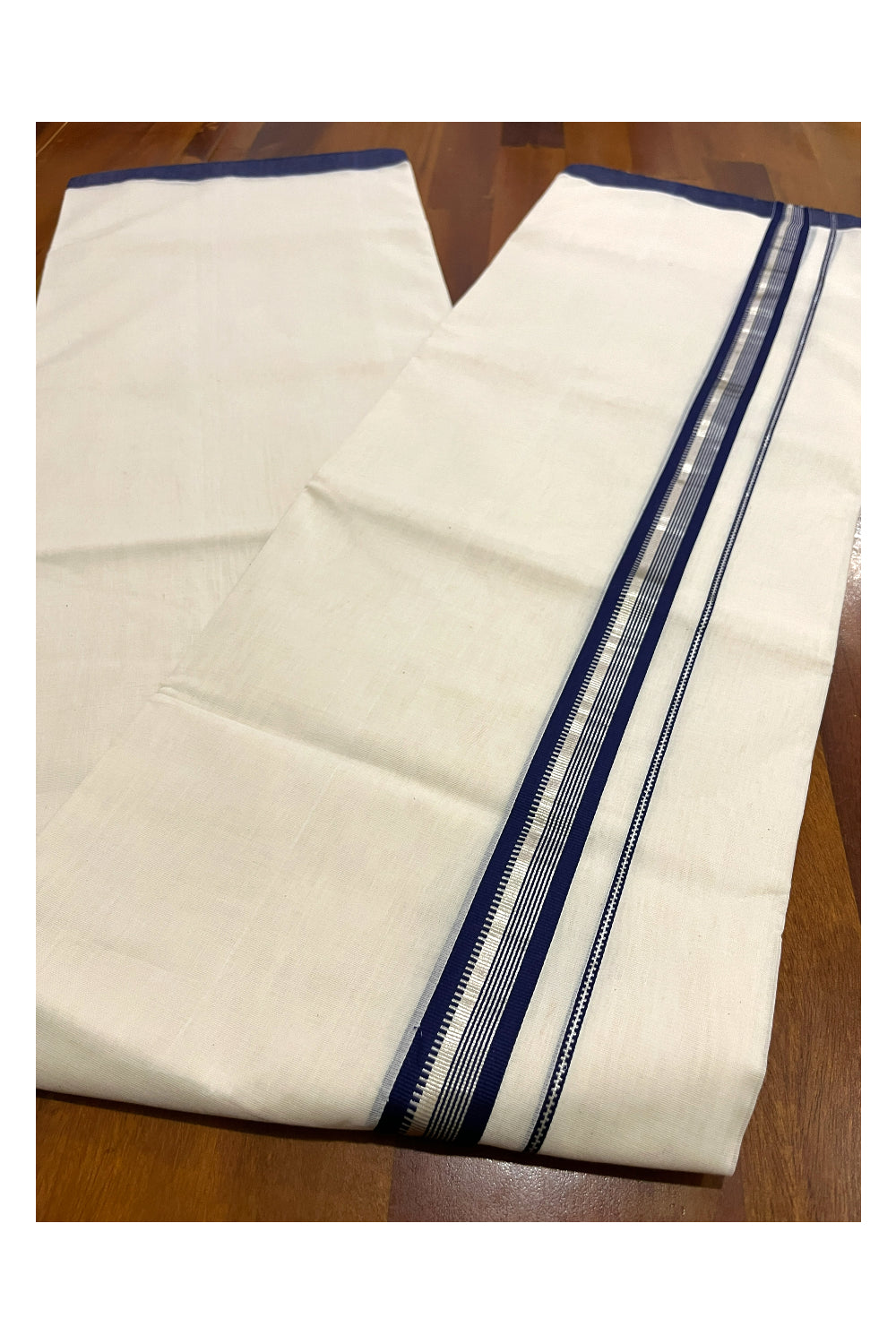 Southloom Premium Balaramapuram Unakkupaavu Handloom Mundu with Dark Blue and Silver Kasavu Border (South Indian Dhoti)