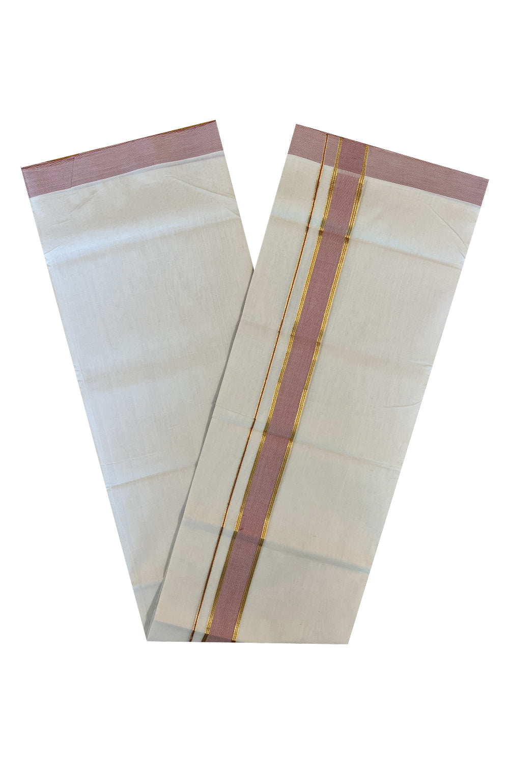 Southloom Premium Handloom Cotton Double Mundu with Kasavu And Red Lines Border