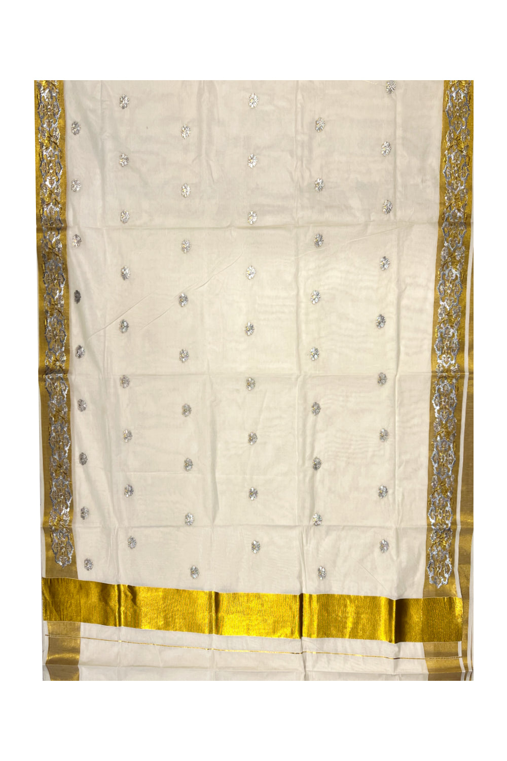 Kerala Cotton Kasavu Saree With Silver and Golden Woven Works