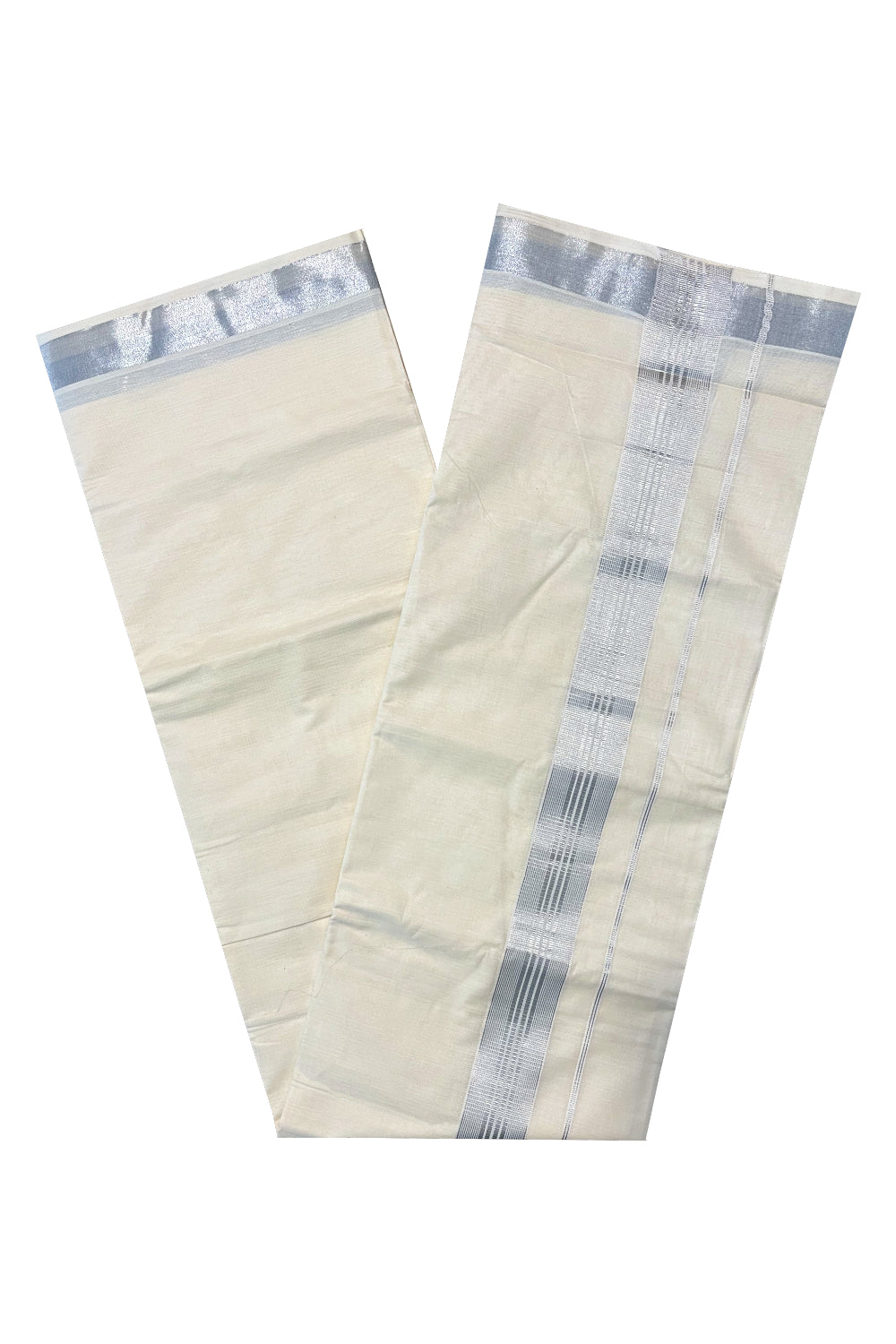 Pure Cotton Off White Double Mundu with Silver Kasavu Lines Kara (South Indian Kerala Dhoti)