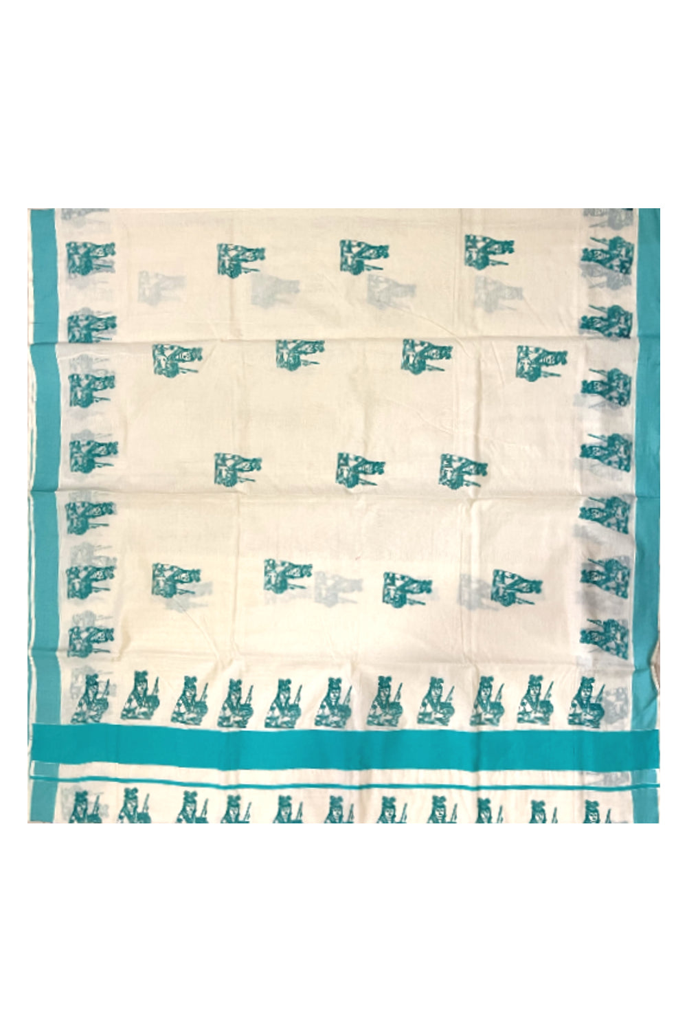 Pure Cotton Kerala Saree with Turquoise Krishna Block Printed Border (Onam Saree 2023)