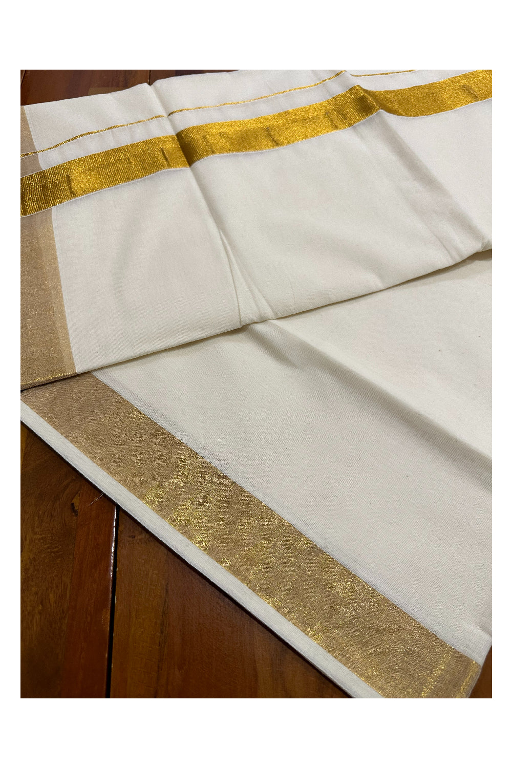 Plain Mixed Fabric Kasavu Saree with 2x2 Border