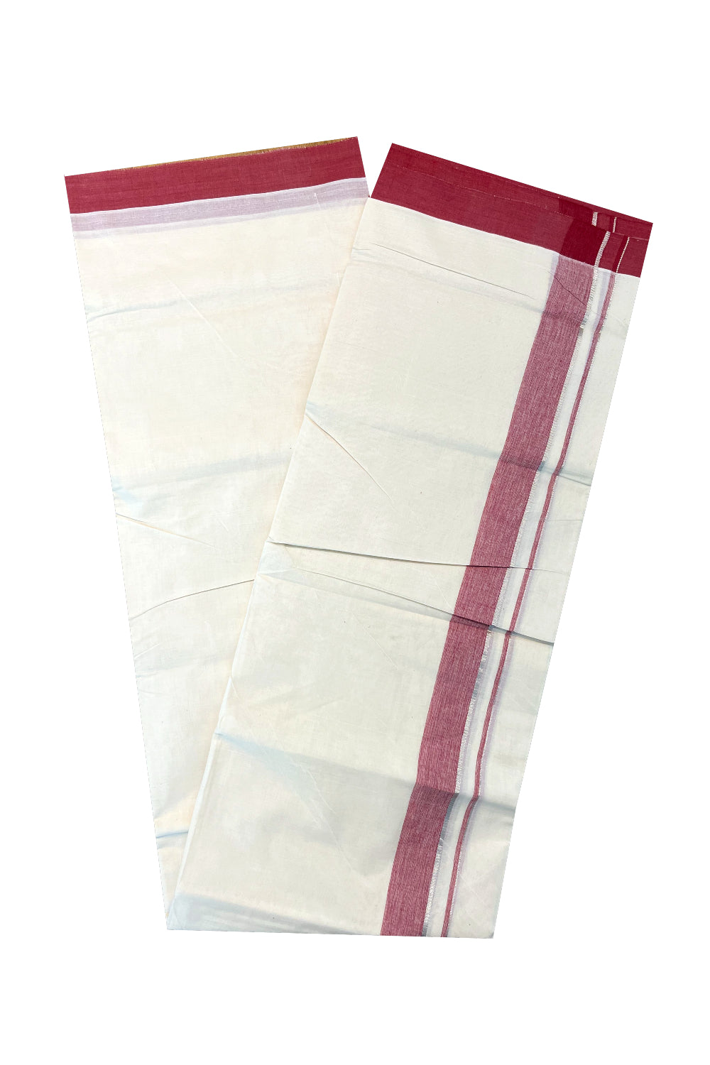 Pure Cotton Off White Double Mundu with Silver Kasavu and Maroon Kara (South Indian Kerala Dhoti)