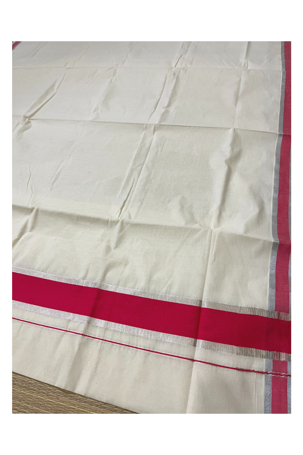 Pure Cotton Kerala Saree with Pink and Silver Kasavu Border