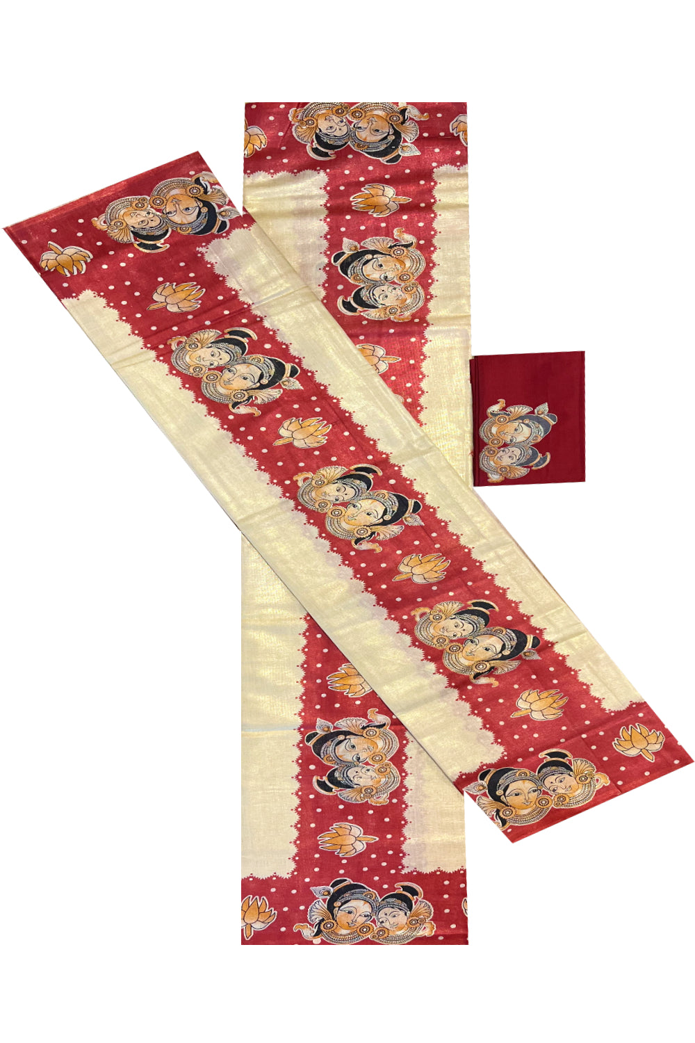 Kerala Tissue Single Set Mundu (Mundum Neriyathum) with Mural Prints on Red Border And Matching Blouse Piece (2.80 Mtrs)