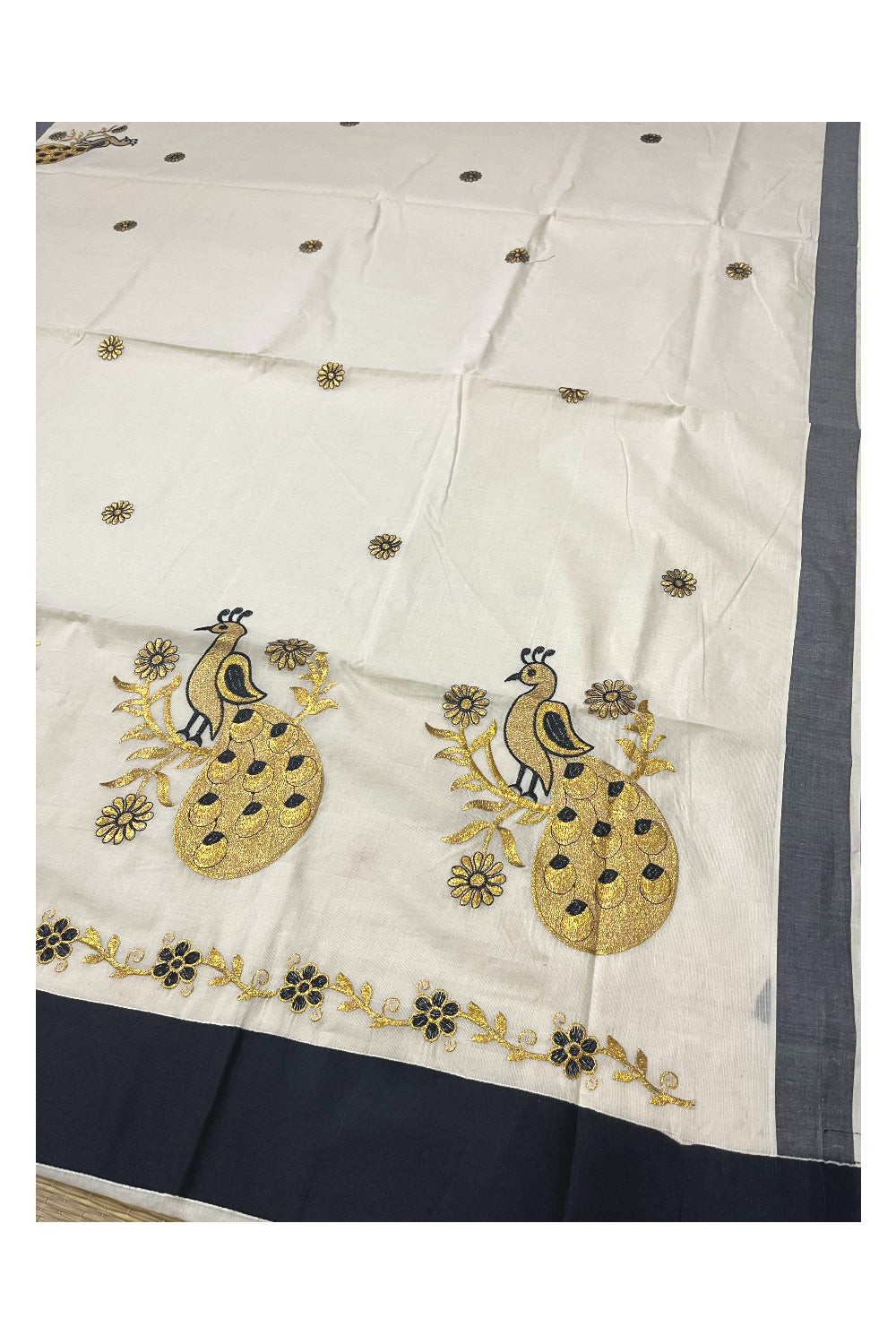 Pure Cotton Kerala Saree with Peacock Embroidery Work and Black Border (Onam Saree 2023)