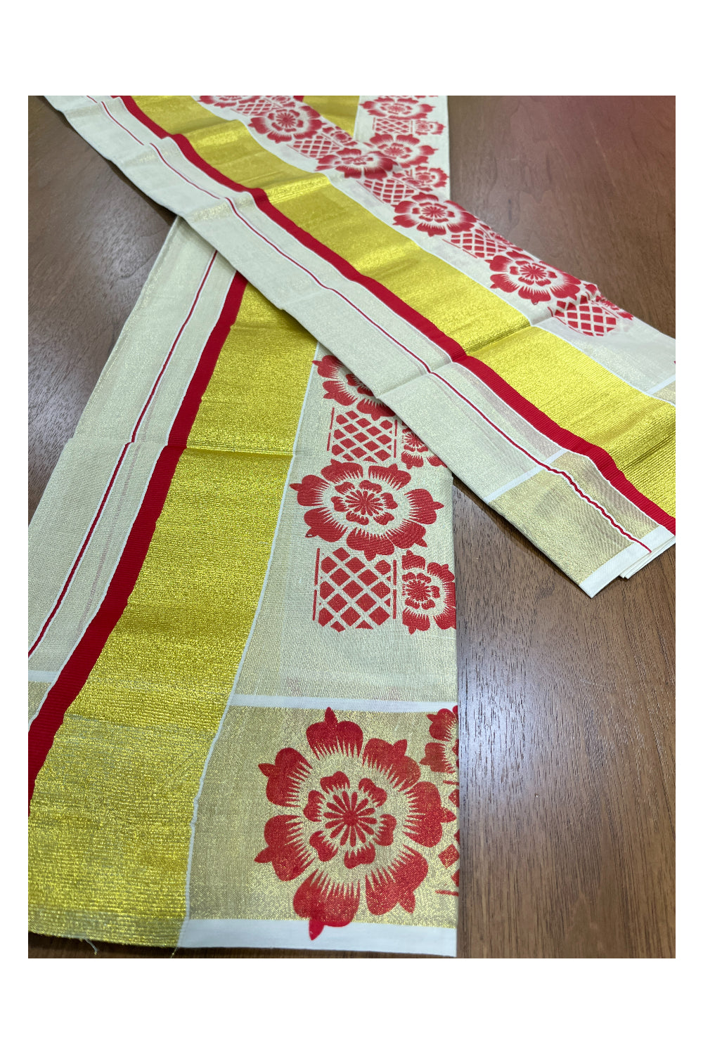 Kerala Tissue Kasavu Set Mundu (Mundum Neriyathum) with Red Floral Block Prints on Border 2.80 Mtrs