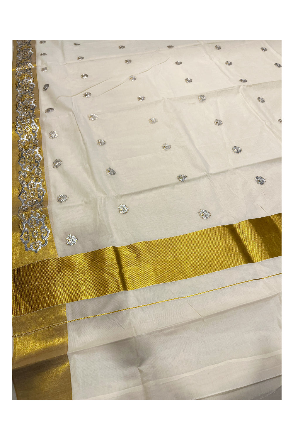 Kerala Cotton Kasavu Saree With Silver and Golden Woven Works