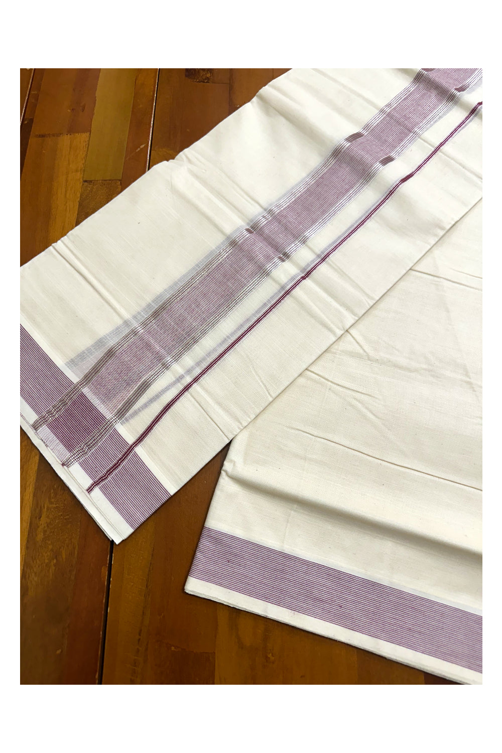 Pure Cotton Off White  Double Mundu with Silver Kasavu Lines And Purple Kara (South Indian Kerala Dhoti)