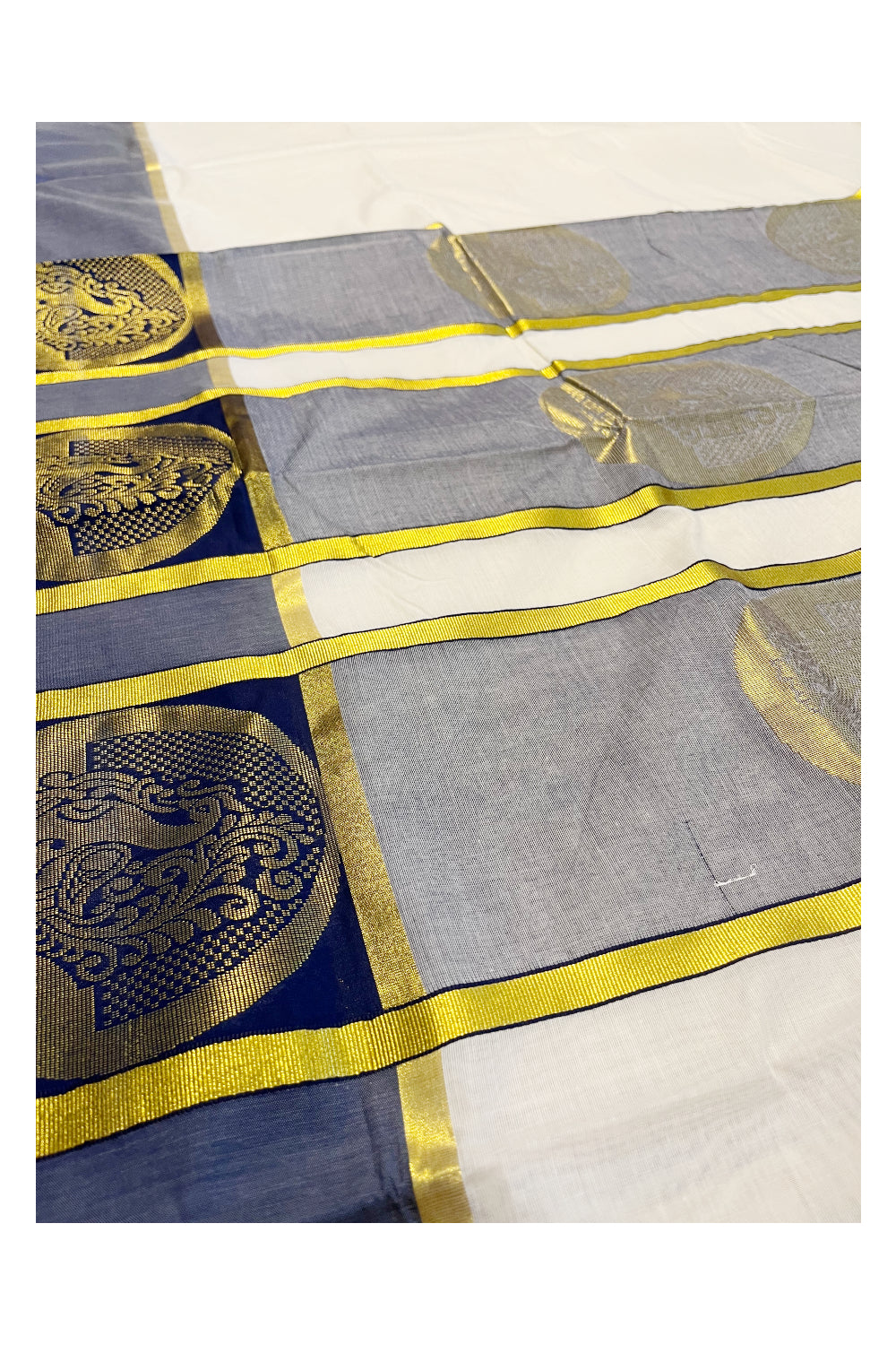 Kerala Kasavu Heavy Woven Work Cotton Saree with Blue Border