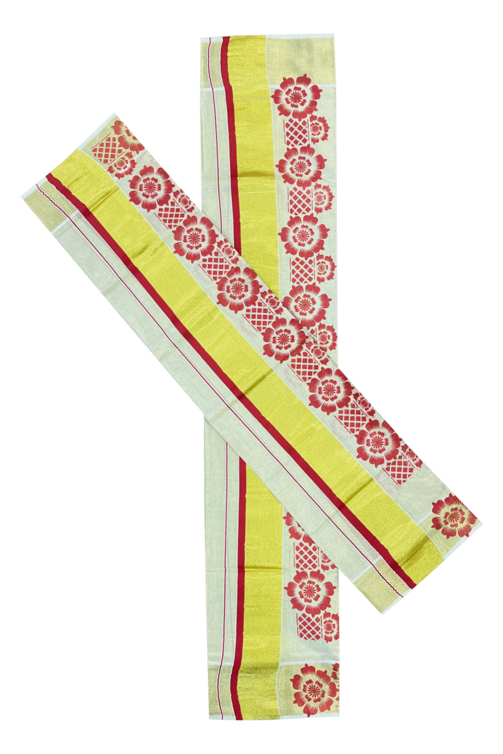 Kerala Tissue Kasavu Set Mundu (Mundum Neriyathum) with Red Floral Block Prints on Border 2.80 Mtrs