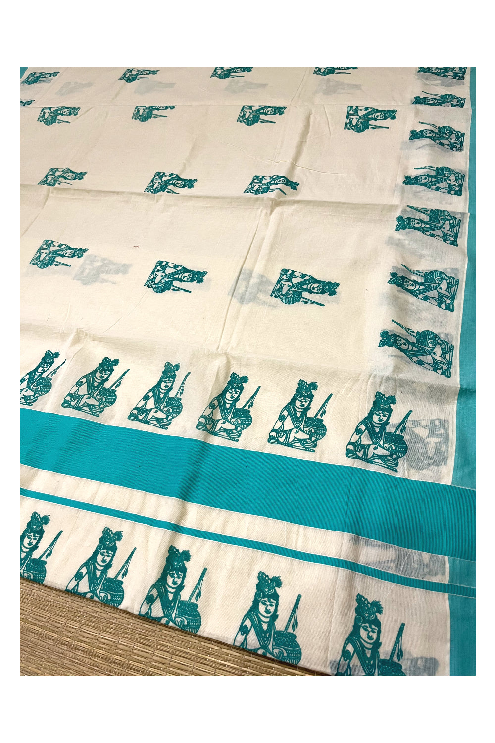 Pure Cotton Kerala Saree with Turquoise Krishna Block Printed Border (Onam Saree 2023)