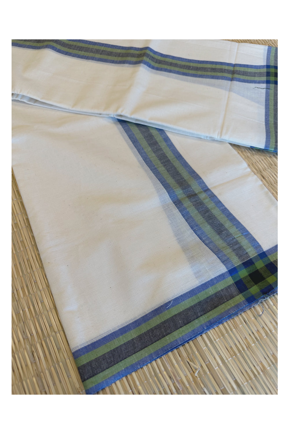 Kerala Cotton Mundum Neriyathum Single (Set Mundu) with Mulloth Design Green and Blue Border (Extra Soft Cotton)