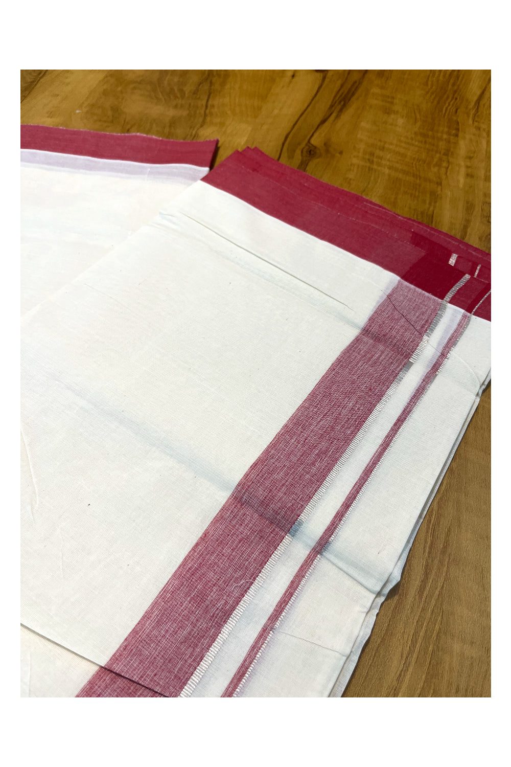 Pure Cotton Off White Double Mundu with Silver Kasavu and Maroon Kara (South Indian Kerala Dhoti)