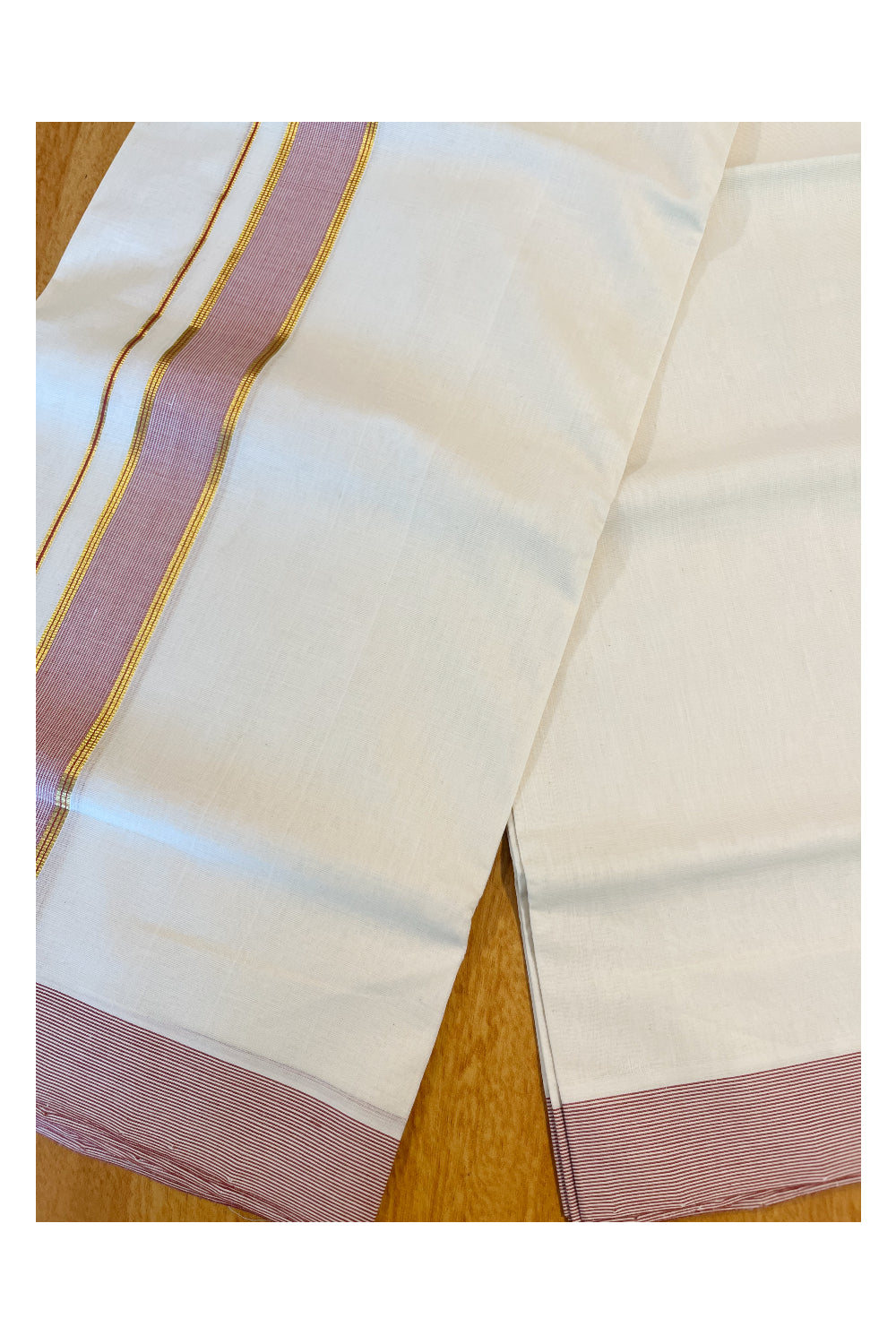 Southloom Premium Handloom Cotton Double Mundu with Kasavu And Red Lines Border