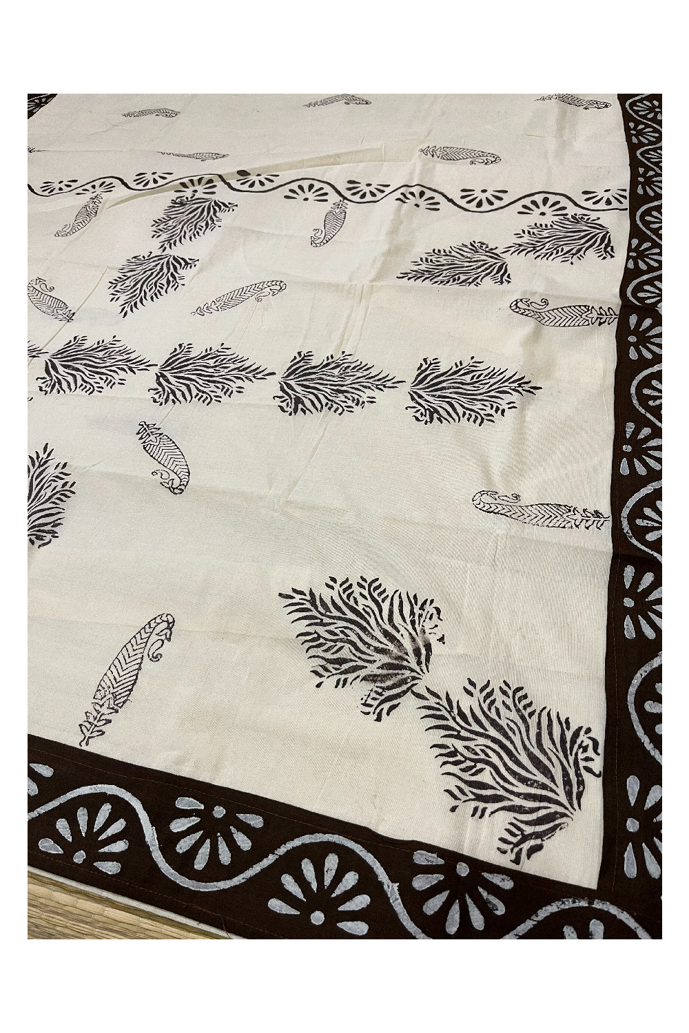 Pure Cotton Onam 2023 Kerala Saree with Hand Block Dark Brown Batik Prints