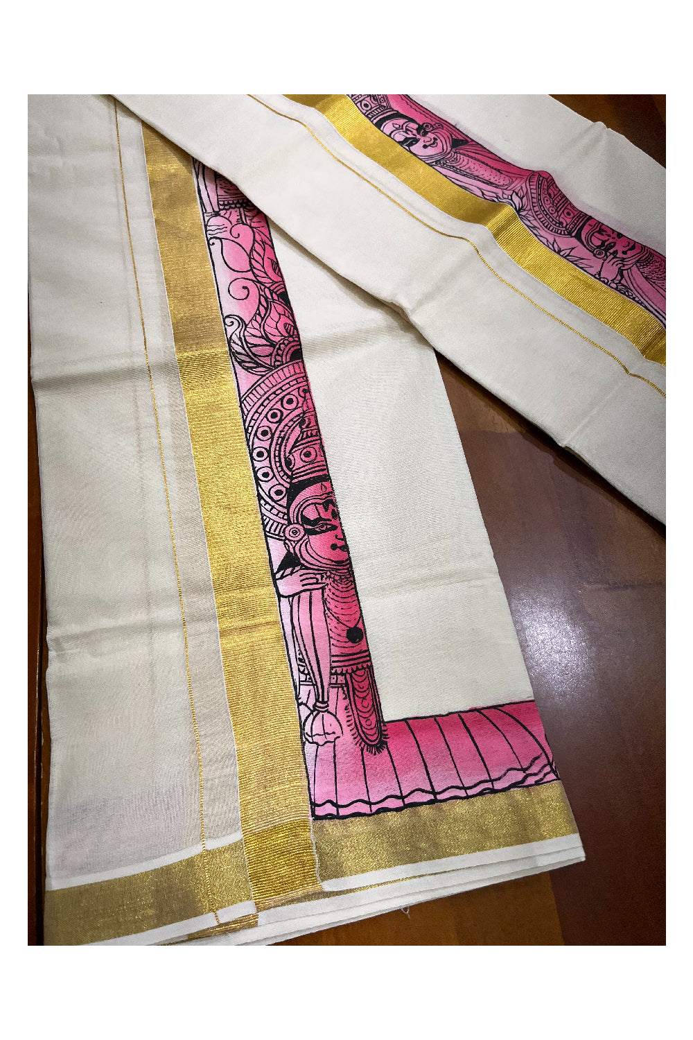 Southloom Handloom Premium Kerala Cotton Single Set Mundu (Mundum Neriyathum) with Hand Painted Designs with Kasavu Border - 2.80Mtrs