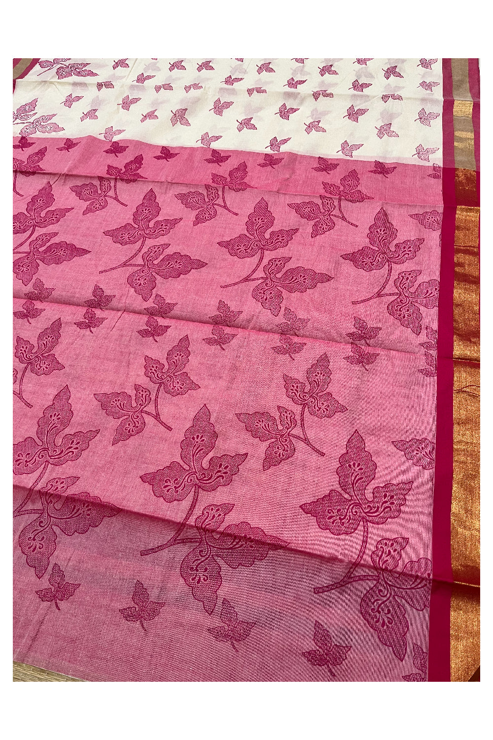 Pure Cotton Kerala Saree with Magenta Block Print Leaf Designs and Kasavu Border (Vishu 2024 Collection)