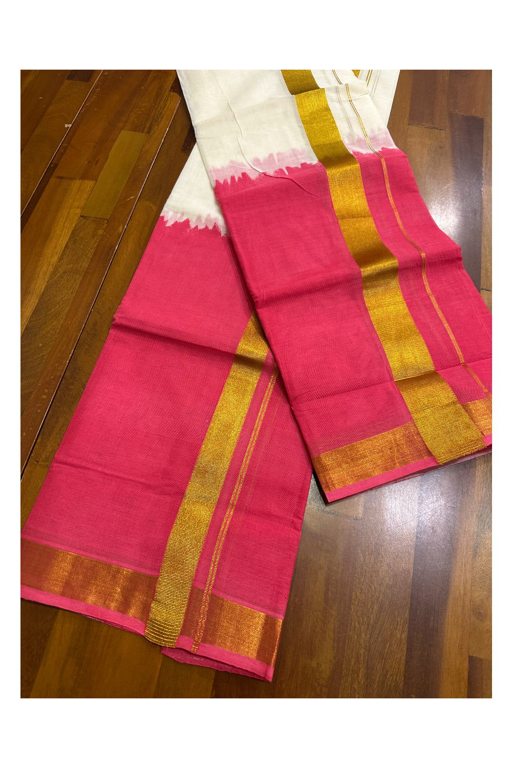 Southloom Tie & Dye - Half & Half  Multi Colour Pink Design Set Mundu (Mundum Neriyathum) in 2.80 m Neriyathu (Extra Length)