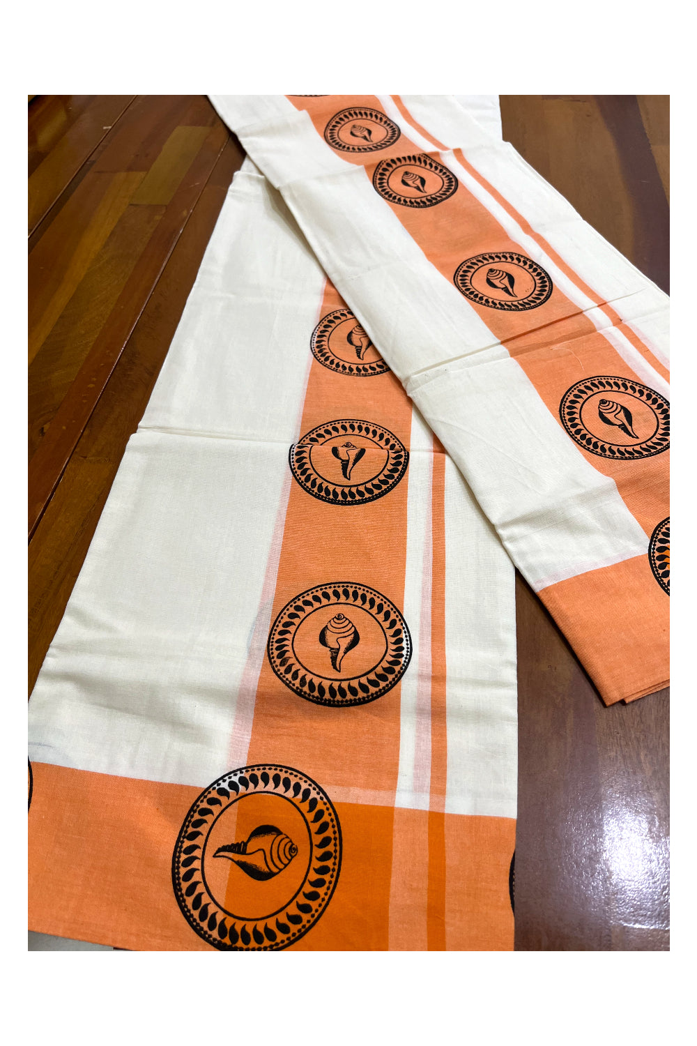 Kerala Pure Cotton Set Mundu (Mundum Neriyathum) with Block Printed Orange Border 2.80 Mtrs