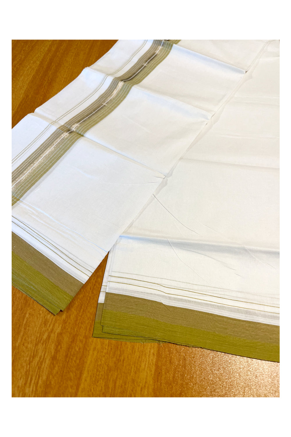 Pure White Cotton Double Mundu with Silver Kasavu And Olive Green Lines Border (South Indian Dhoti)