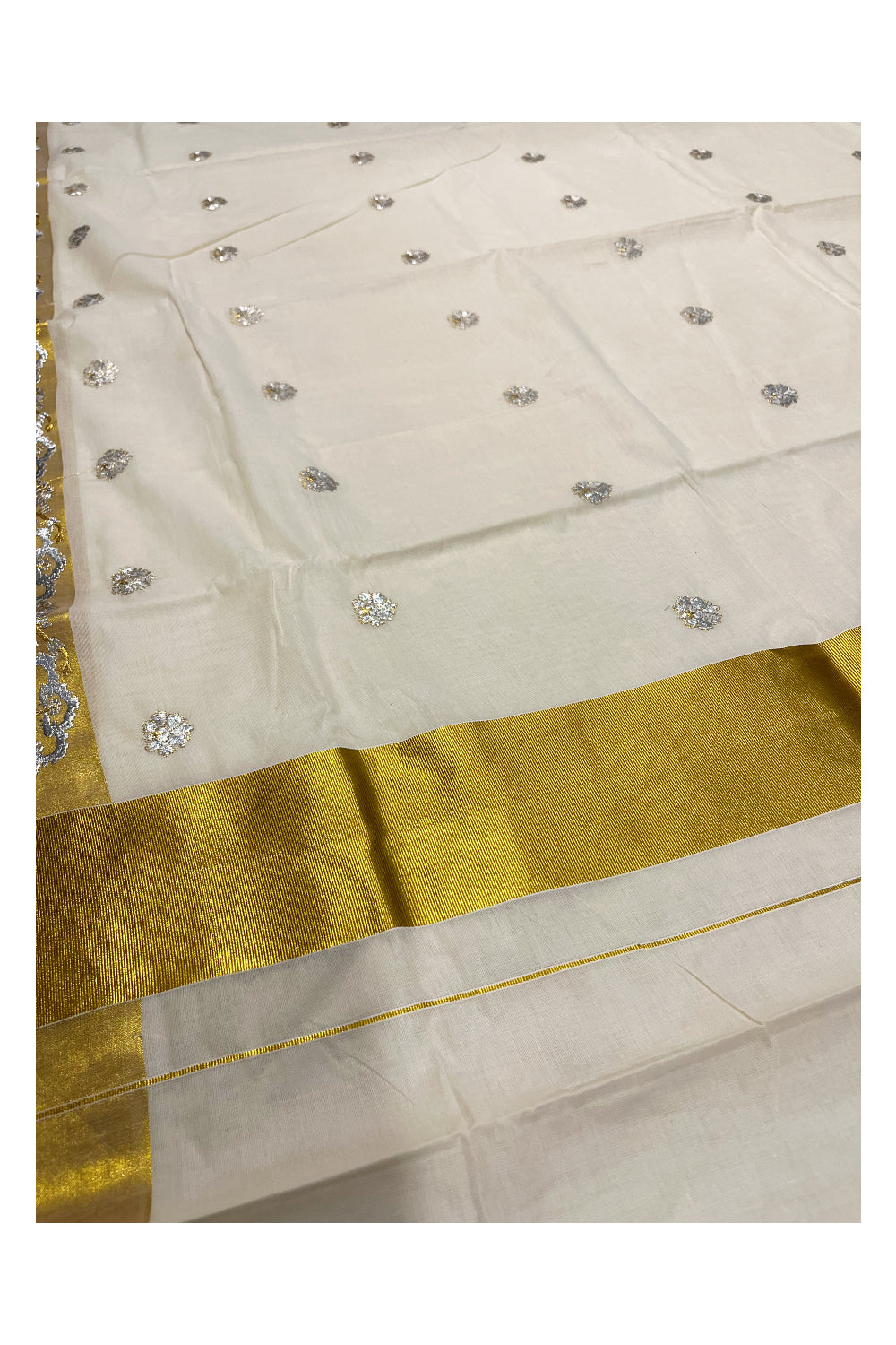 Kerala Cotton Kasavu Saree With Silver and Golden Woven Works