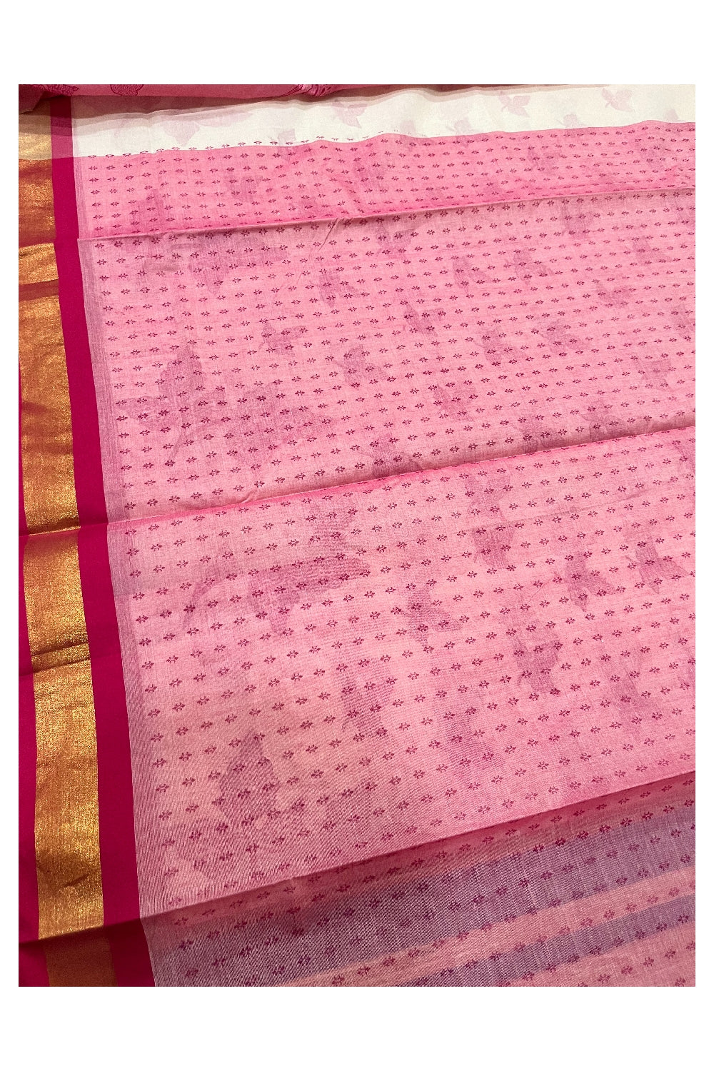 Pure Cotton Kerala Saree with Magenta Block Print Leaf Designs and Kasavu Border (Vishu 2024 Collection)