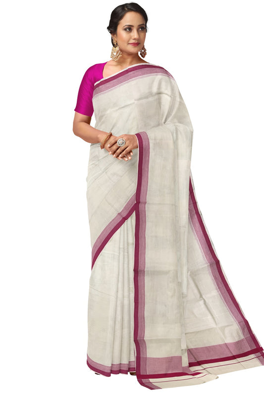 Pure Cotton Off White Kerala Saree with Rose Shaded Border