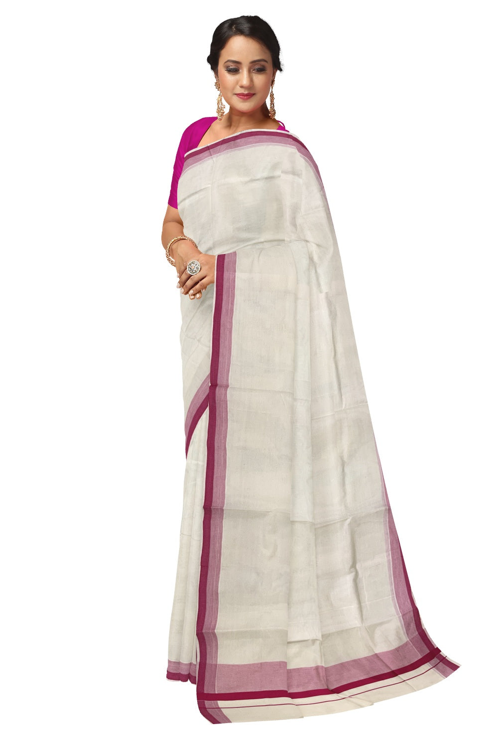 Pure Cotton Off White Kerala Saree with Rose Shaded Border