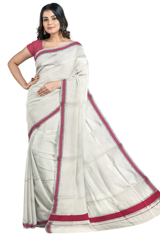 Pure Cotton Kerala Saree with Pink and Silver Kasavu Border