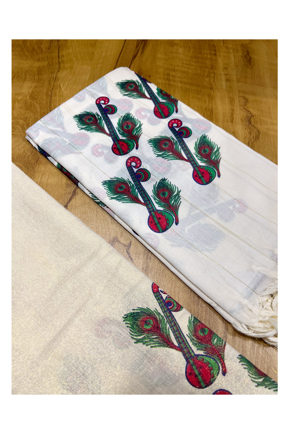 Kerala Tissue Churidar Salwar Material with Mural Peacock Feather Printed Design (include Mural Shawl / Dupatta)