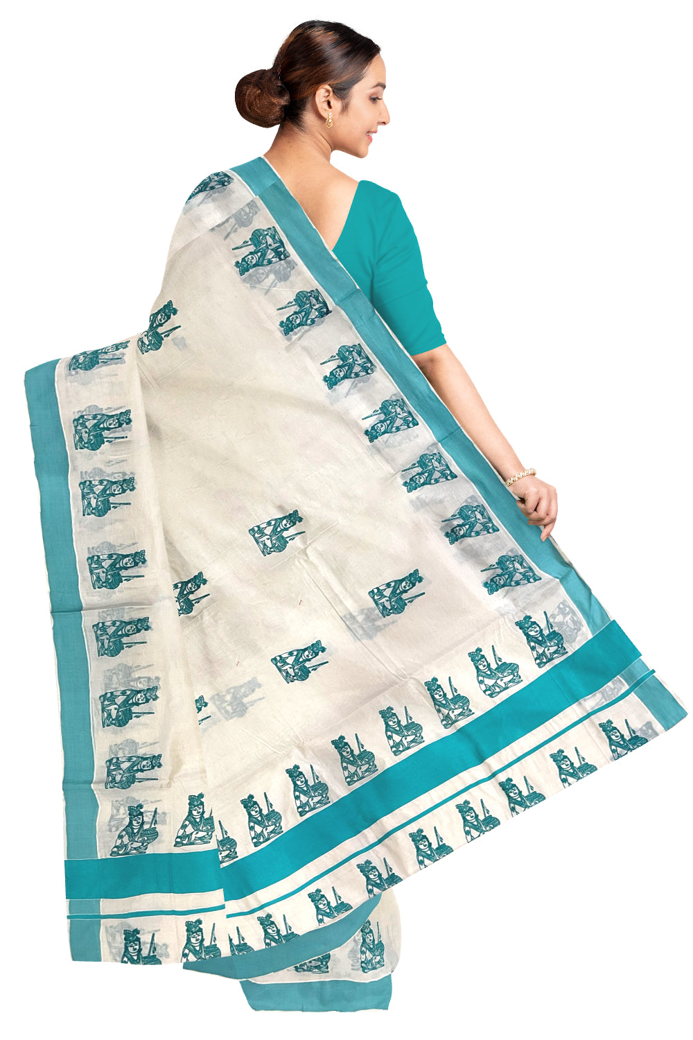 Pure Cotton Kerala Saree with Turquoise Krishna Block Printed Border (Onam Saree 2023)