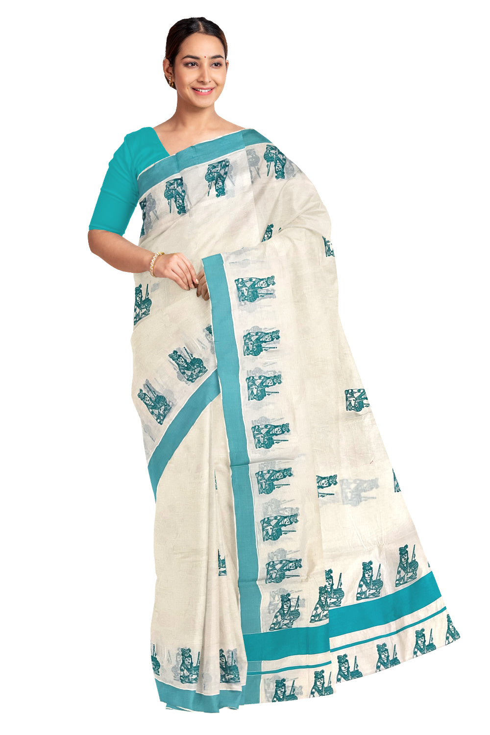 Pure Cotton Kerala Saree with Turquoise Krishna Block Printed Border (Onam Saree 2023)