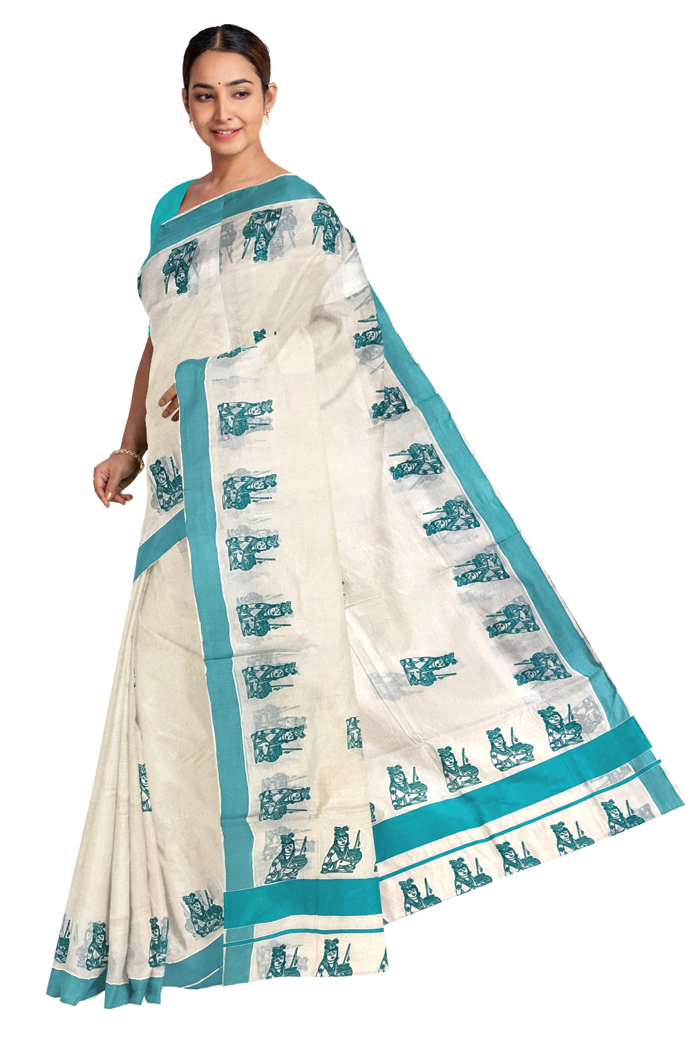 Pure Cotton Kerala Saree with Turquoise Krishna Block Printed Border (Onam Saree 2023)