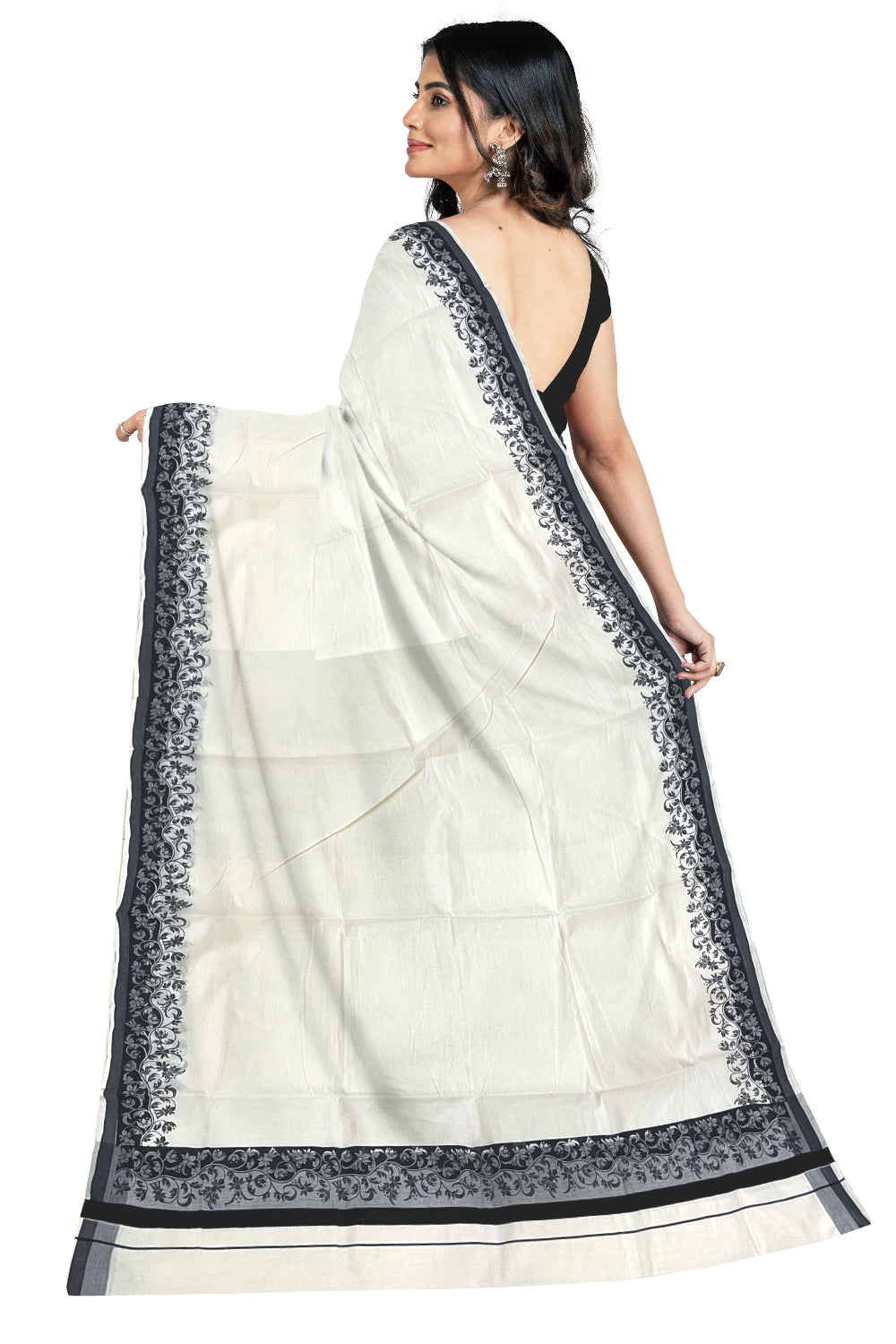 Kerala Cotton Saree with Black Floral Block Printed Border