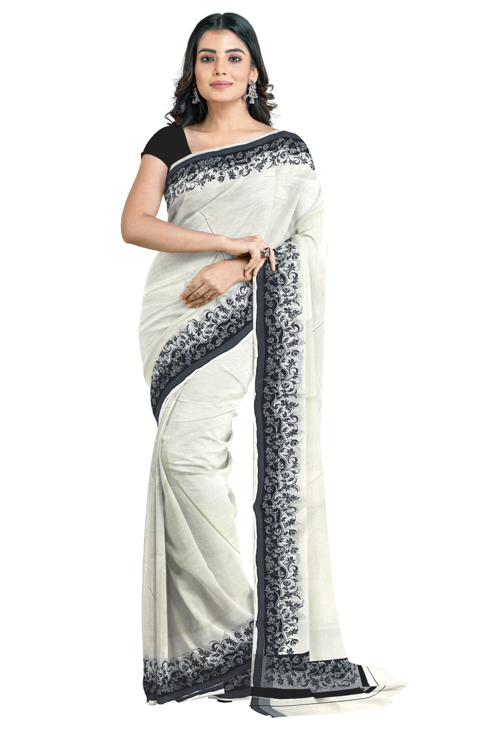 Kerala Cotton Saree with Black Floral Block Printed Border