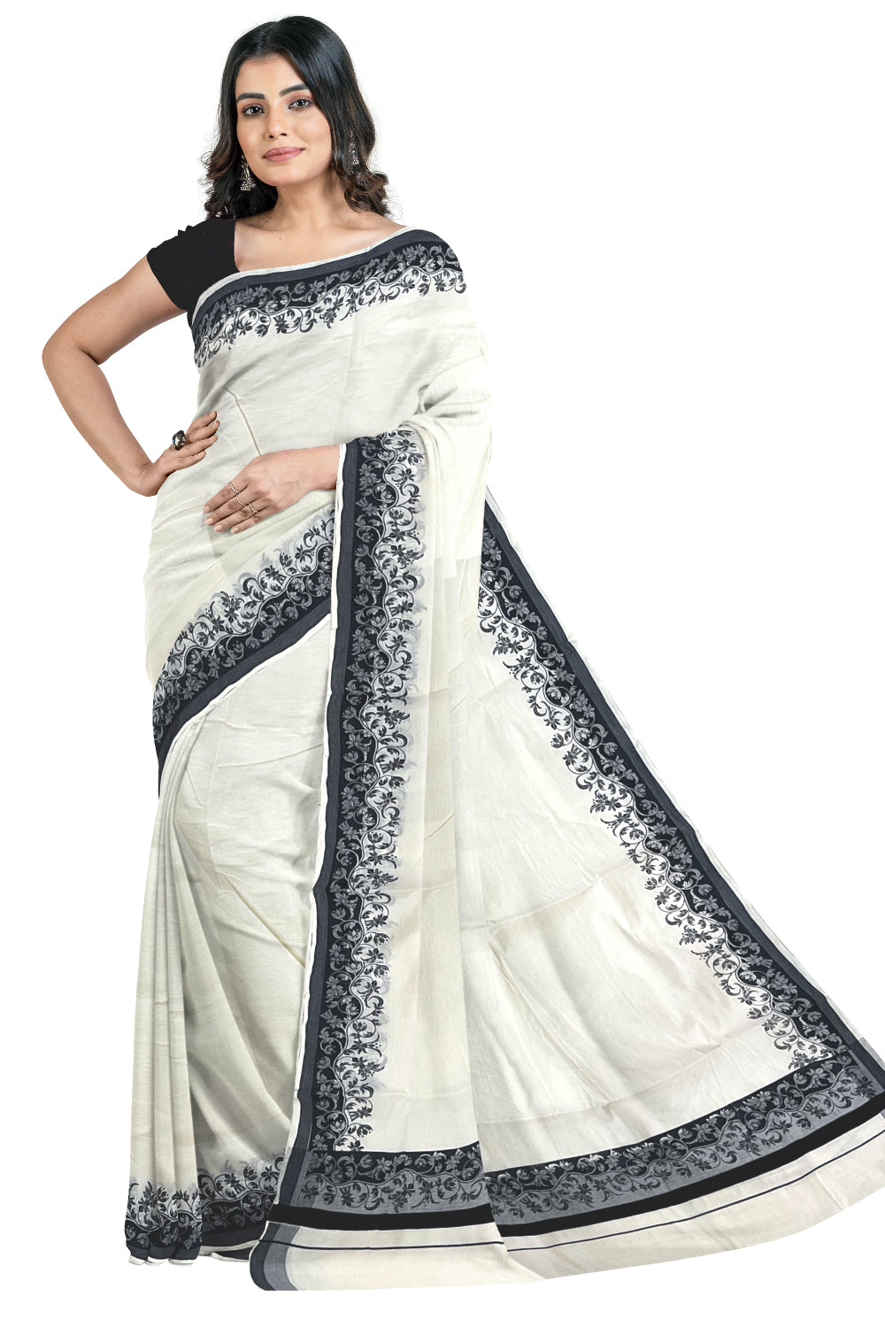 Kerala Cotton Saree with Black Floral Block Printed Border