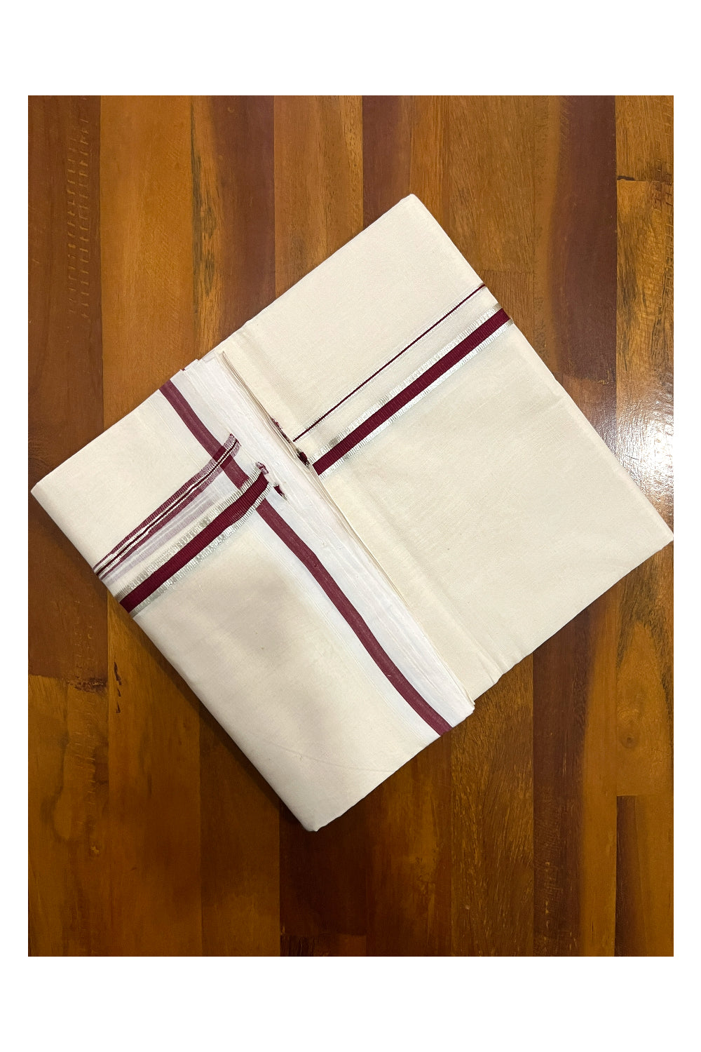 Southloom Premium Balaramapuram Unakkupaavu Handloom Mundu with Maroon and Silver Kasavu Puliyilakkara Border (South Indian Kerala Dhoti)