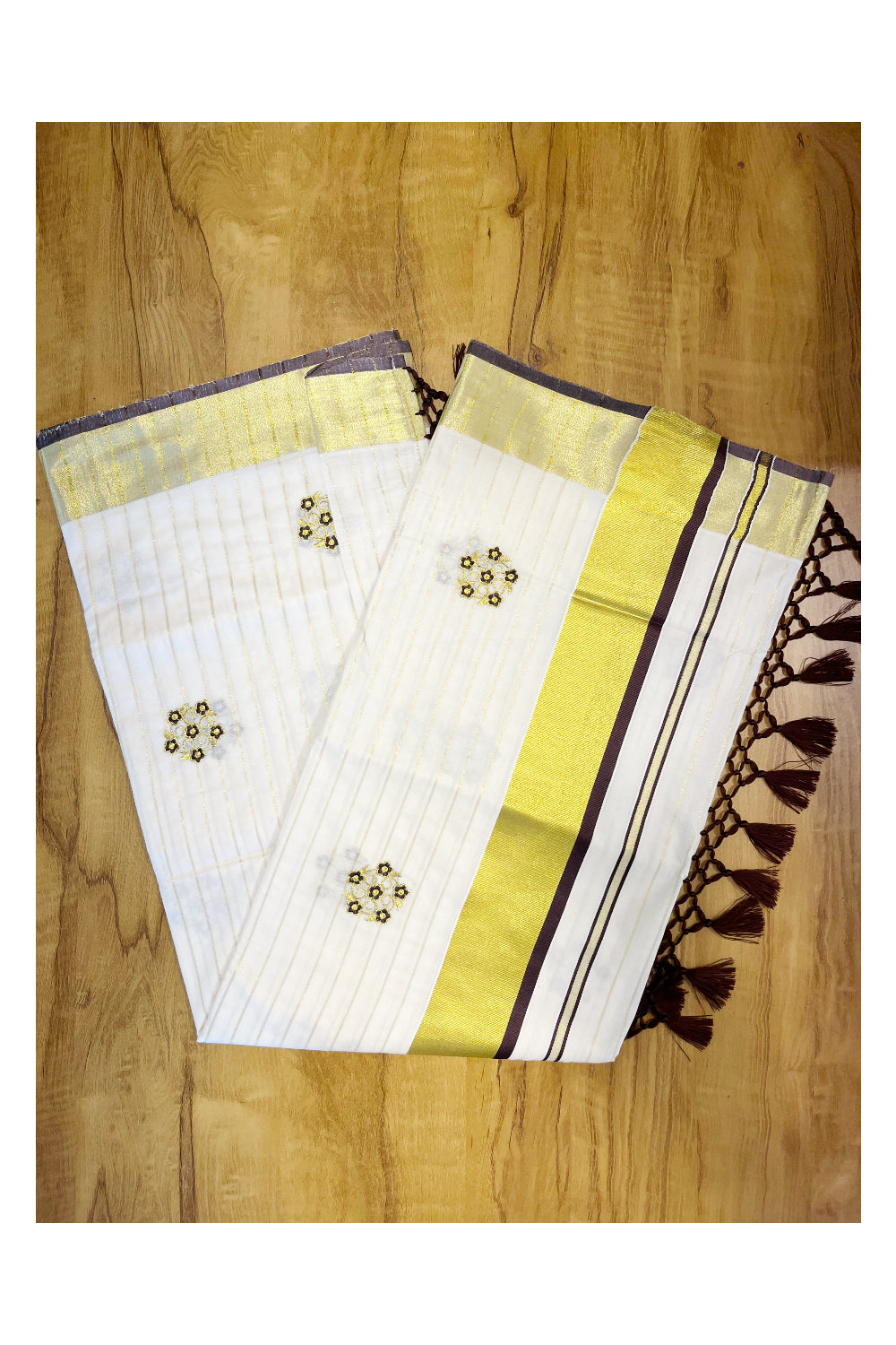 Kerala Cotton Kasavu Lines Saree with Brown and Golden Floral Embroidery Work