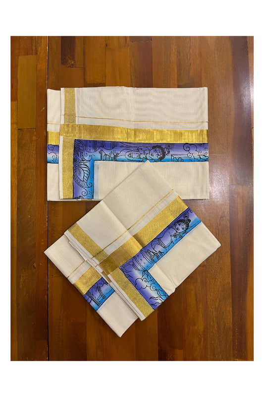 Southloom Handloom Premium Kerala Cotton Single Set Mundu (Mundum Neriyathum) with Hand Painted Designs with Kasavu Border - 2.80Mtrs