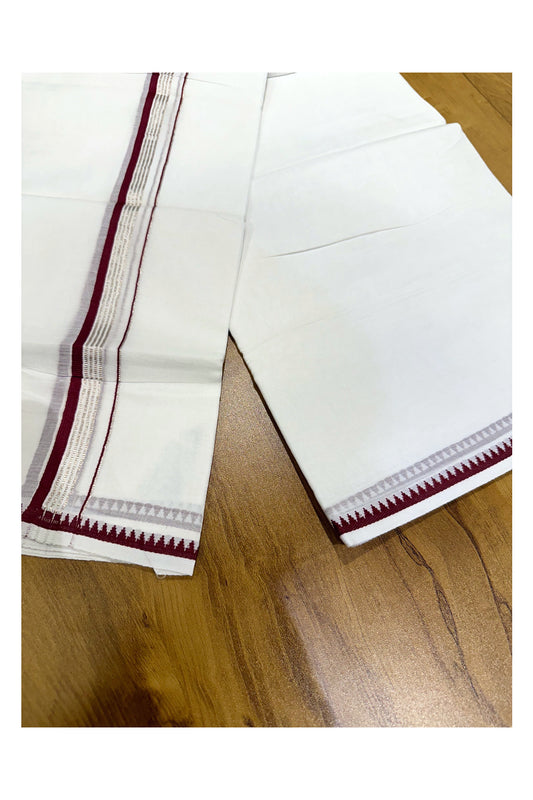 Pure White Cotton Double Mundu with Silver Kasavu and Maroon Border (South Indian Kerala Dhoti)