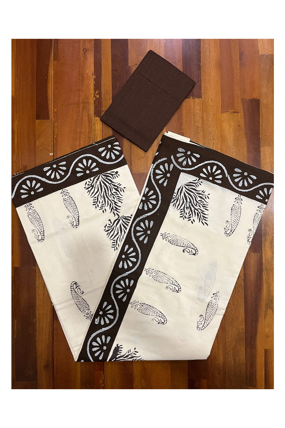 Pure Cotton Onam 2023 Kerala Saree with Hand Block Dark Brown Batik Prints