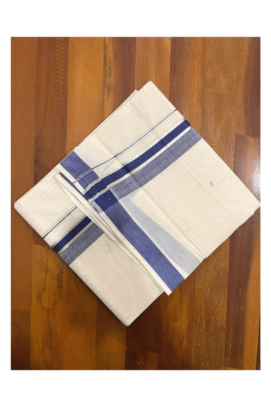 Pure Cotton Kerala Double Mundu with Blue and Silver Kasavu Kara (South Indian Kerala Dhoti)